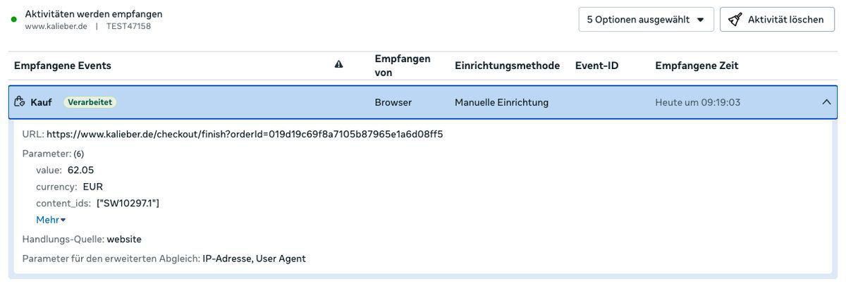 Tracking-Test im Meta Events Manager: Kauf-Event mit Wert und Produkt-ID