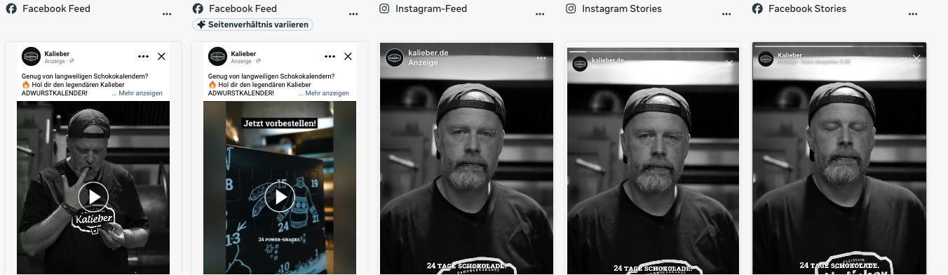 Vorschau der Anzeige in Facebook Feed, Instagram Feed und Stories
