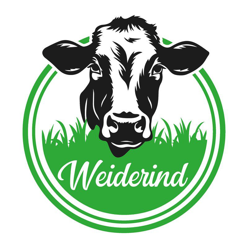 Weiderind-Logo: Kuhkopf im Weidegras im grünen Siegel-Kreis